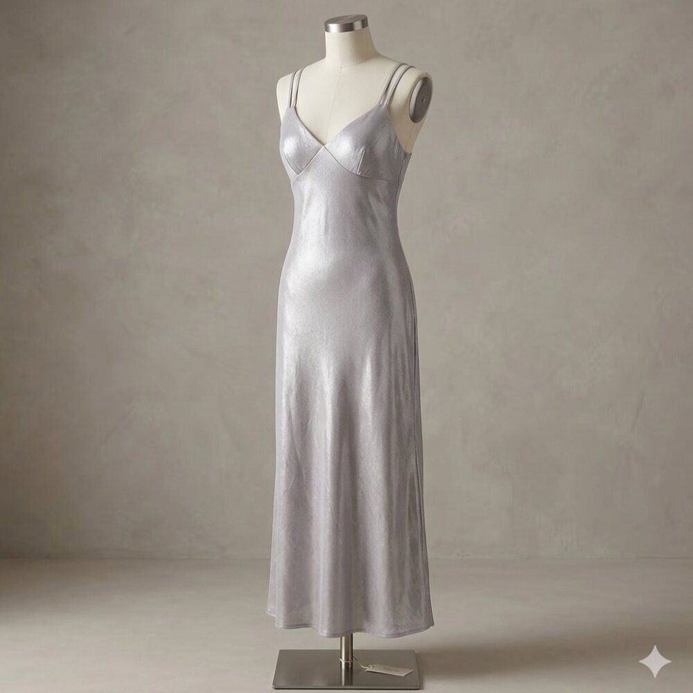 Wild Fable Silver Iridescent Maxi Slip Dress NWT XS Metallic Satin V-Neck